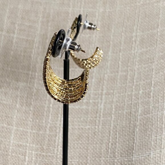 FAC Crystal Curve Shape Hoop Gold Tone Earrings NWT - Picture 2 of 9